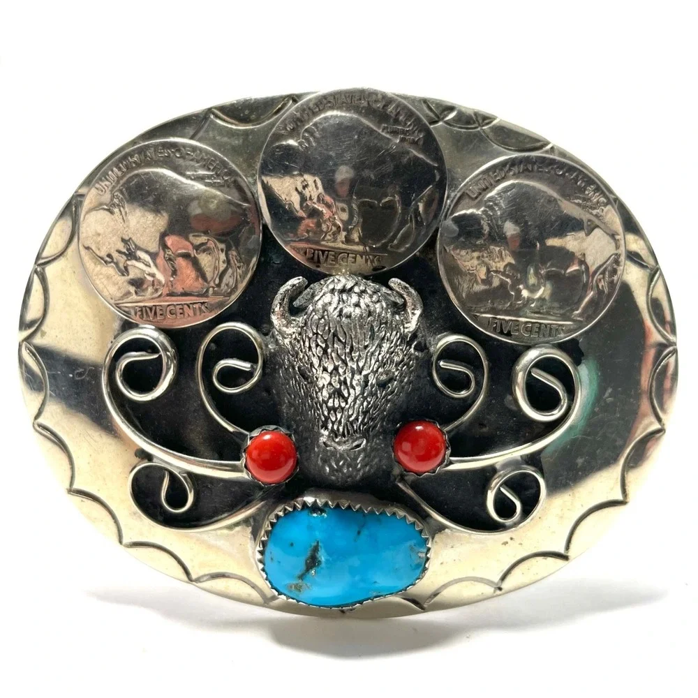 Nickel Silver Buffalo Head Belt Buckle Turquoise Coral w/Coins - Native American